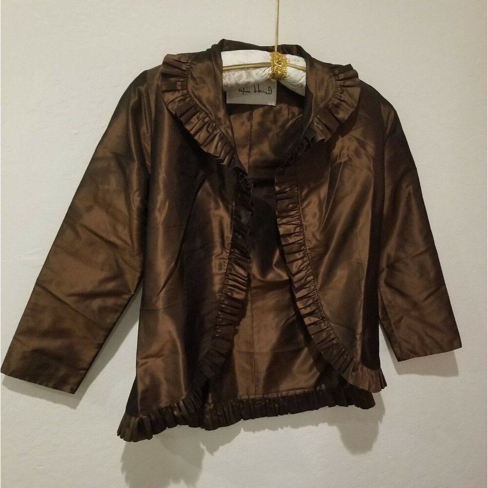 Sylvia Heisel Womens 100% Silk Ruffled Designer Blazer Size 4 Brown Open Front